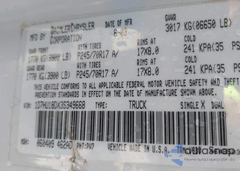 2003 Dodge Ram 1500 Slt/Laramie/St from USA, damaged, VIN 1D7HU18DX3S349668